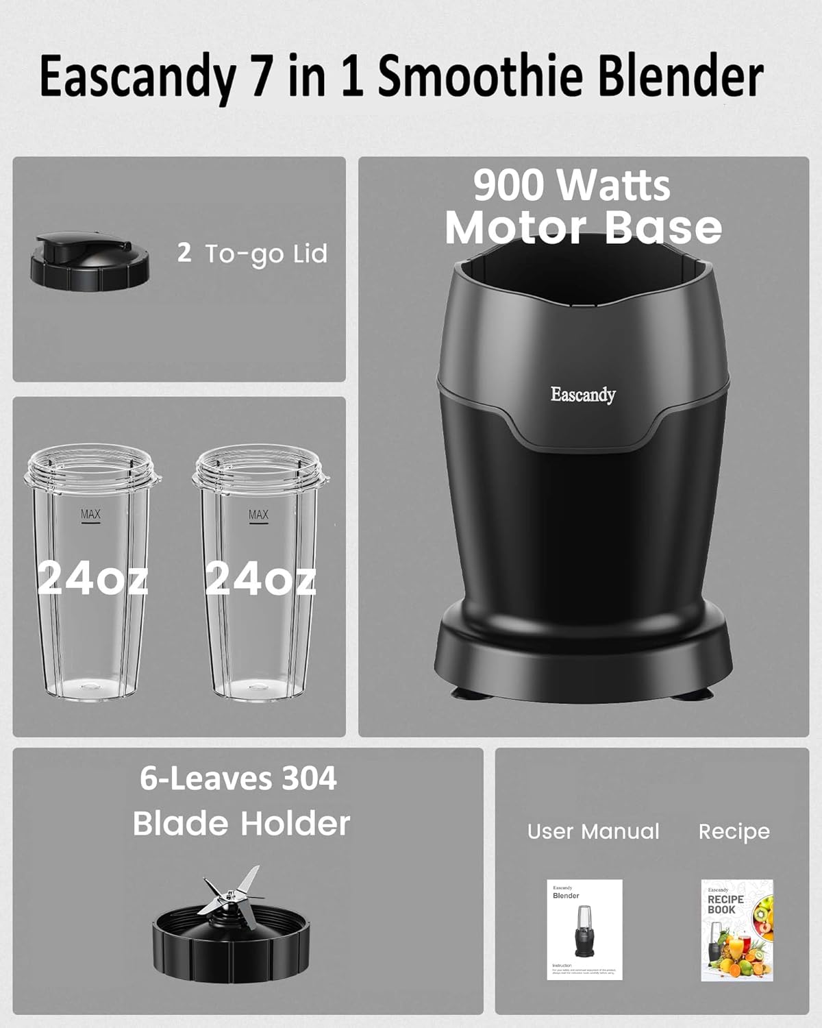 Real 900W Smoothie Blender - 7-in-1 Personal Blender with 3D Stainless Steel Blades & 2 Tritan Cups