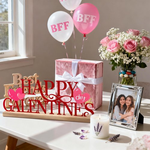 Cinnvoice Happy Galentine's Day Decorations Meta Happy Galentines Letter Table Sign Farmhouse Friendship Valentine Tabletop Decorations with Wooden Base for Holiday Mantel Home Party Supplies