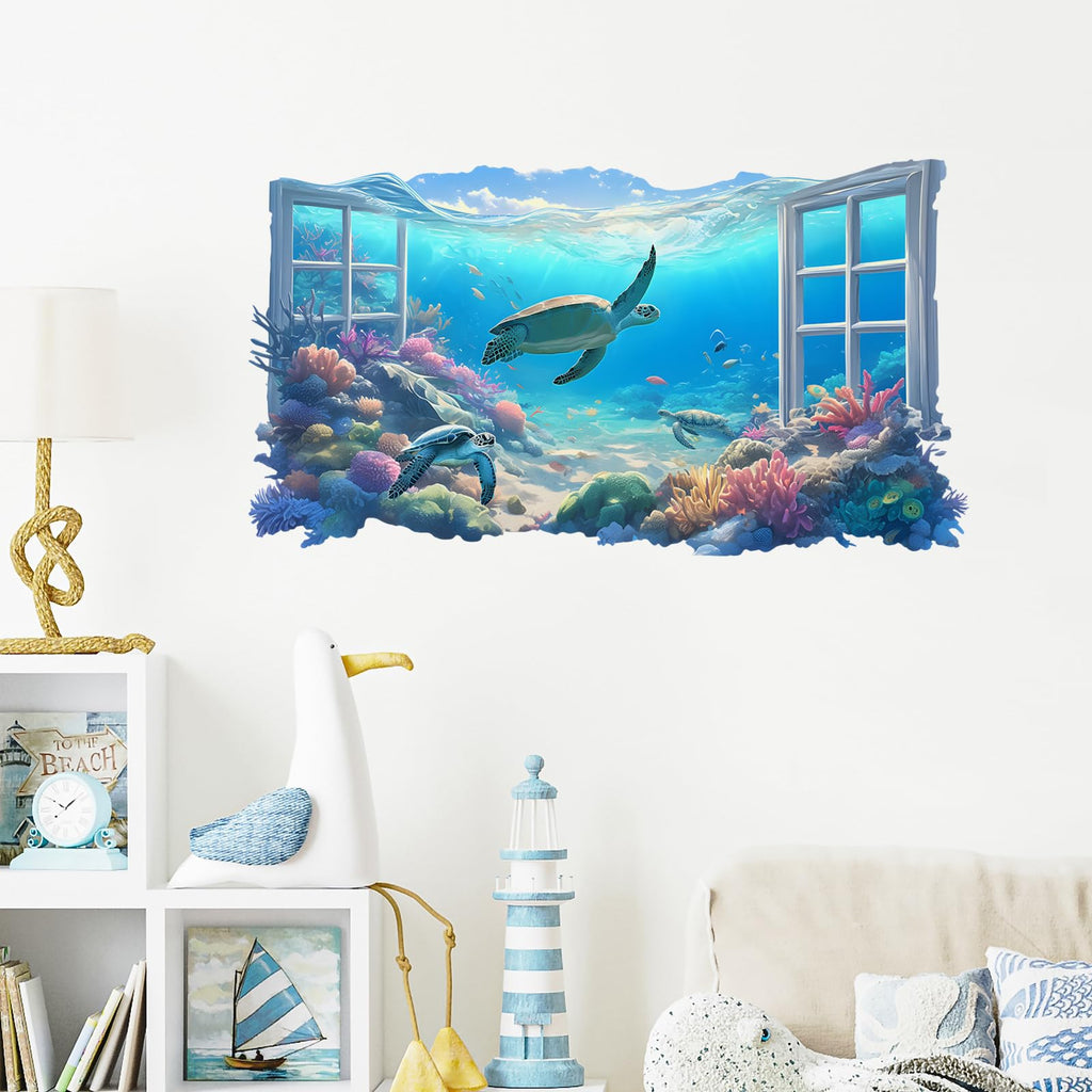 RoyoLam Underwater Scene Sea Turtle Fishes Wall Stickers 3D Fake Window Wall Decals for Kid Removable Peel and Stick Wall Art Home Decor Decoration for Classroom Preschool Living Room Bedroom Bathroom