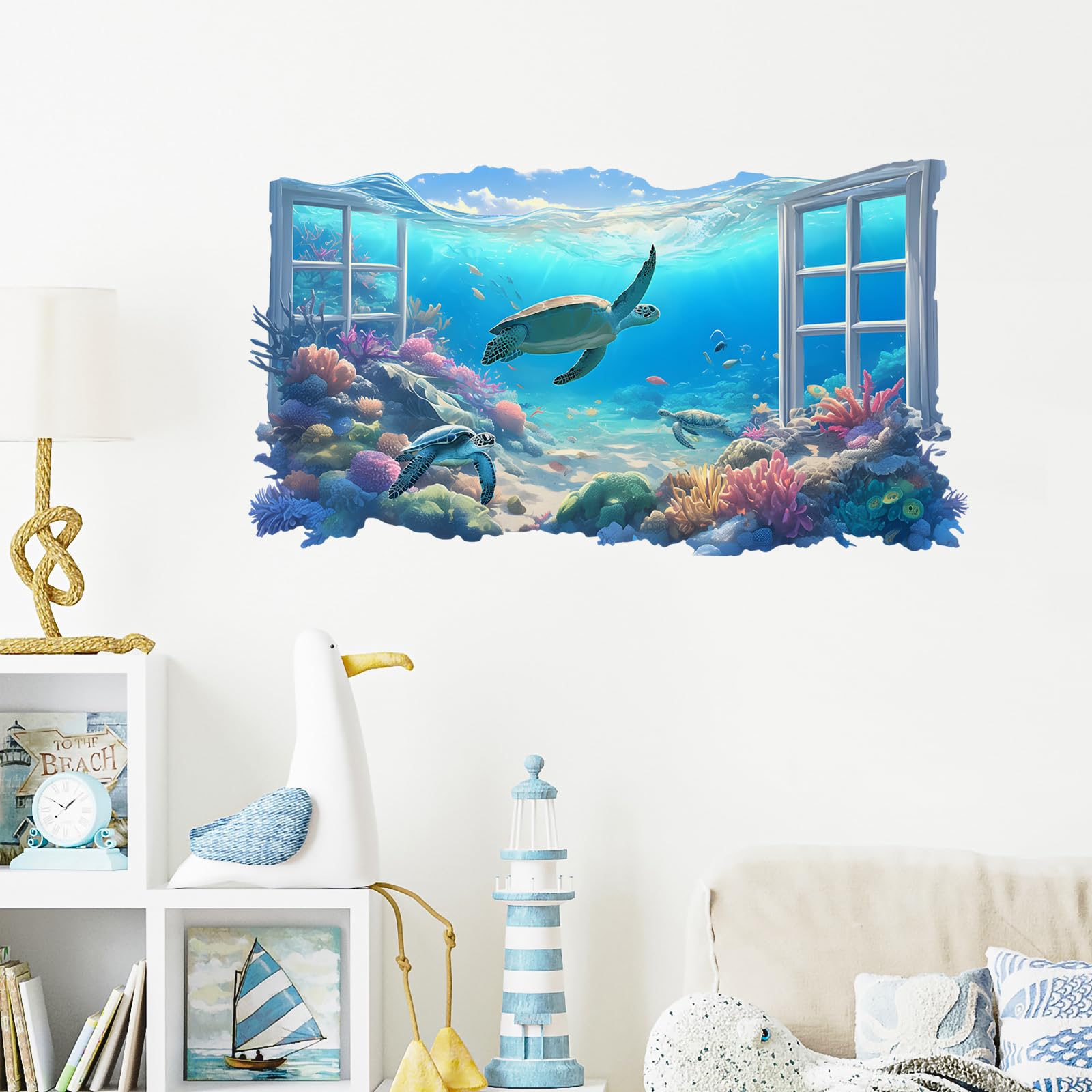 RoyoLam Underwater Scene Sea Turtle Fishes Wall Stickers 3D Fake Window Wall Decals for Kid Removable Peel and Stick Wall Art Home Decor Decoration for Classroom Preschool Living Room Bedroom Bathroom