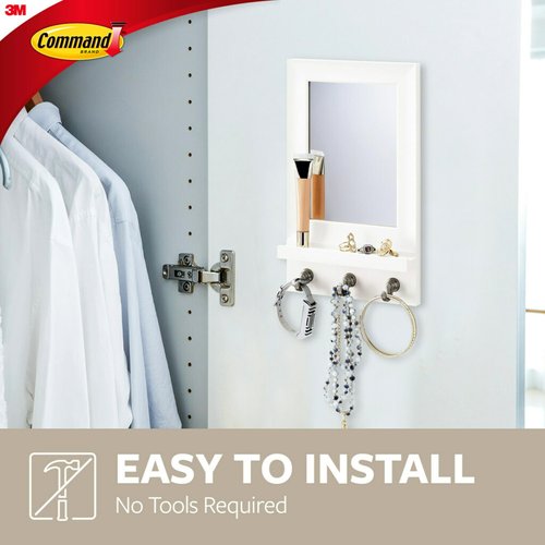 Command Mirror Organizer with 3 Key Hooks and Small Ledge, Holds up to 2 lb, Quartz, Removable Wall Mirror for Entryway or Hallway, Perfect for On-The-go Items