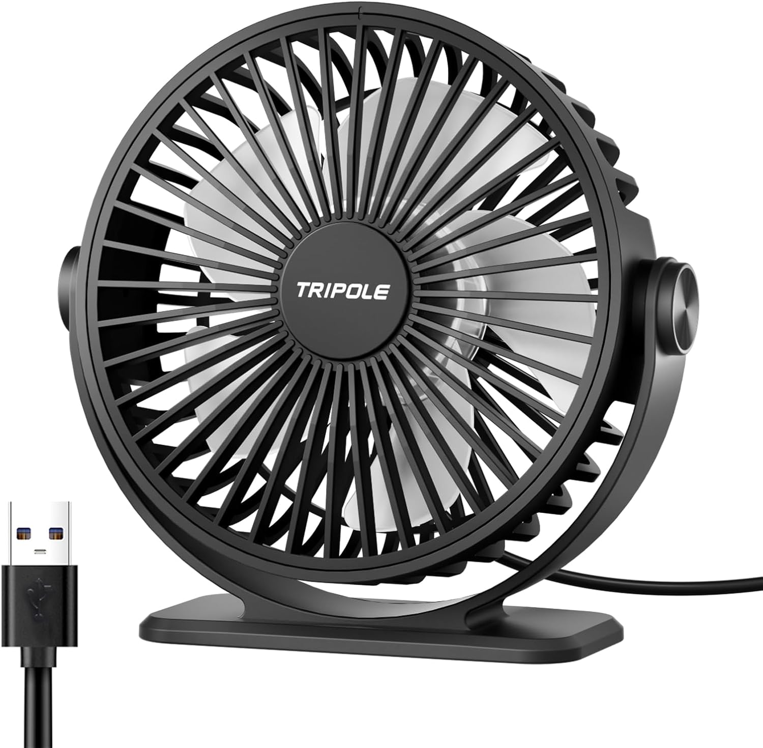 TriPole USB Powered Desk Fan - Portable Mini Fan with 3 Adjustable Speeds & 360° Rotation | Quiet Design for Home & Office - Black, 4.9ft Cable