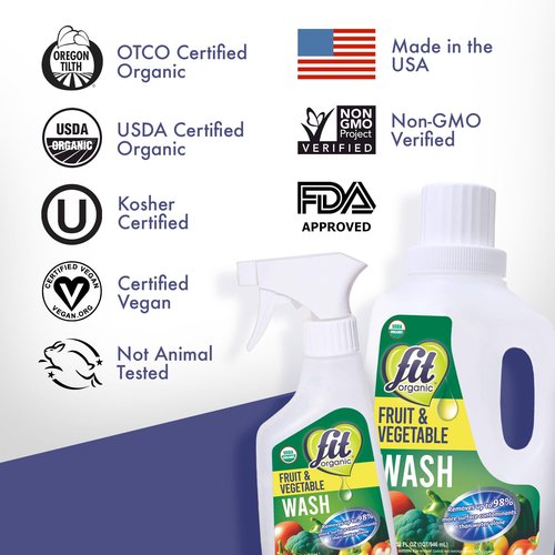 FIT Organic Fruit and Vegetable Wash Spray – USDA Certified Organic & Kosher Produce Cleaner – Removes 98% Pesticides, Waxes & Contaminants–Family & Pet Safe, Natural & Chemical-Free–12 Fl Oz (2-Pack)
