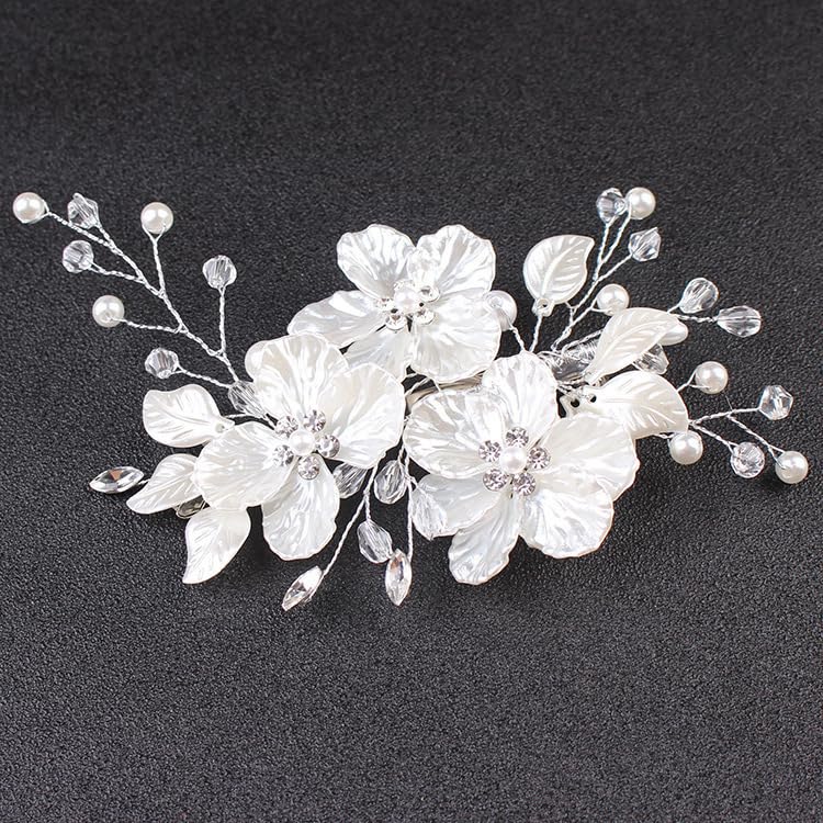 Bridal Pearl Flower Hair Comb Silver Wedding Rhinestone Hair Piece