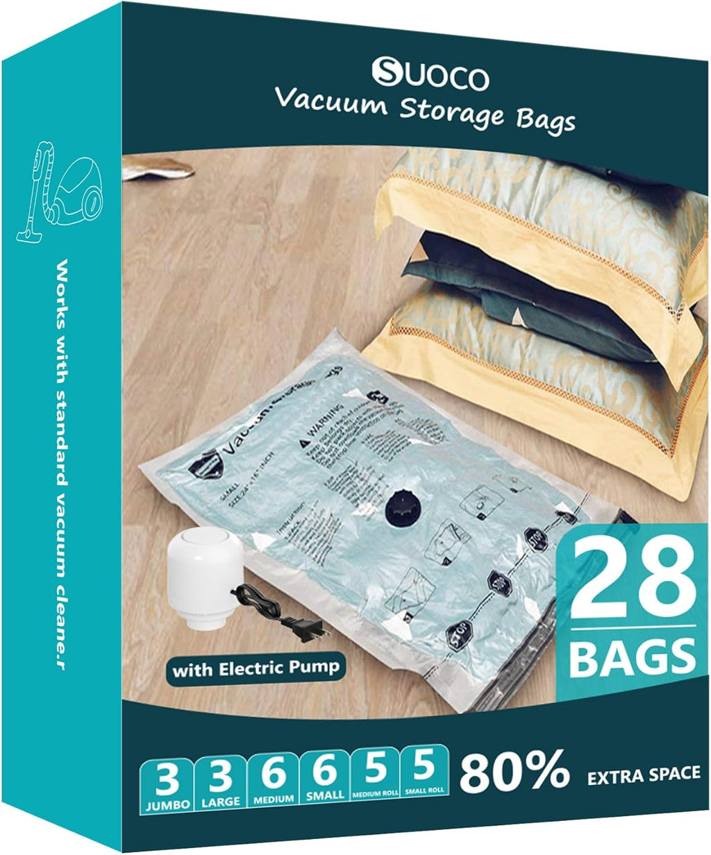 Skiennix Vacuum Storage Bags - Electric Pump Compression Bags for Travel | 28 Combo for Clothes & Bedding