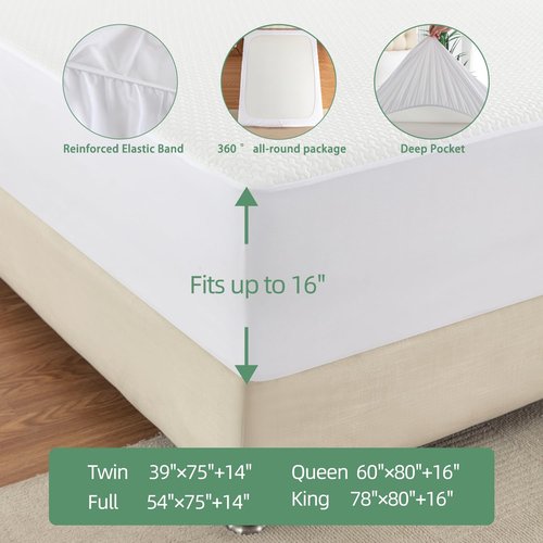 JOSOP 100% Waterproof Queen Mattress Protector,Breathable Cooling 3D Air Bamboo Viscose Mattress Pad Cover,6"-16'' Deep Pocket Fitted Sheet,Noiseless Machine Washable Queen Size Mattress Protector