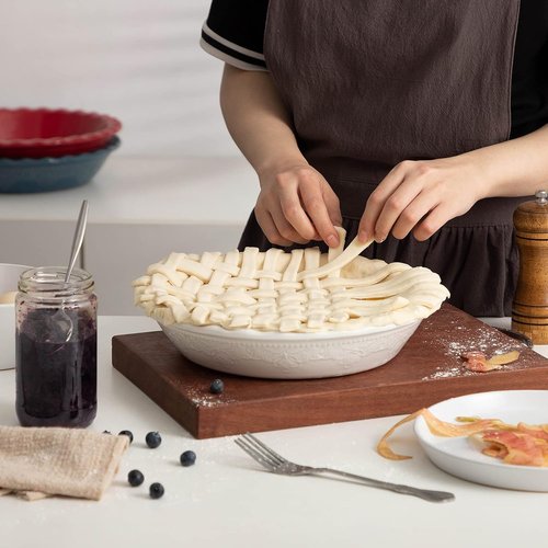 Fun Elements 9-Inch Ceramic Pie Pan - Deep Dish with Lace Emboss & Ruffled Edge | Perfect for Baking Gifts