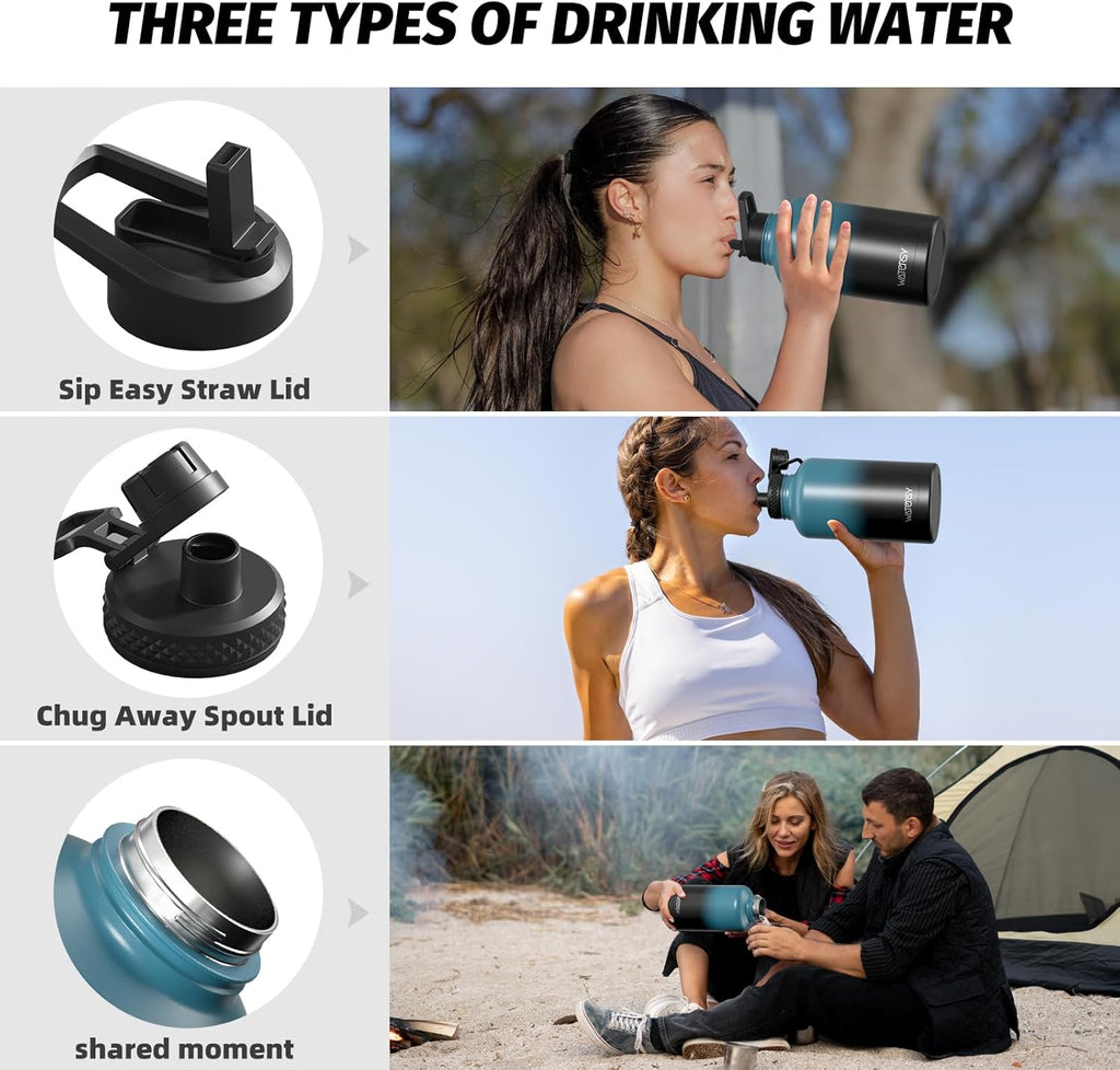 Skiennix 64oz Insulated Water Bottle - Cold for 48 Hrs, BPA Free & Leak Proof | Half Gallon Flask in Black/Blue