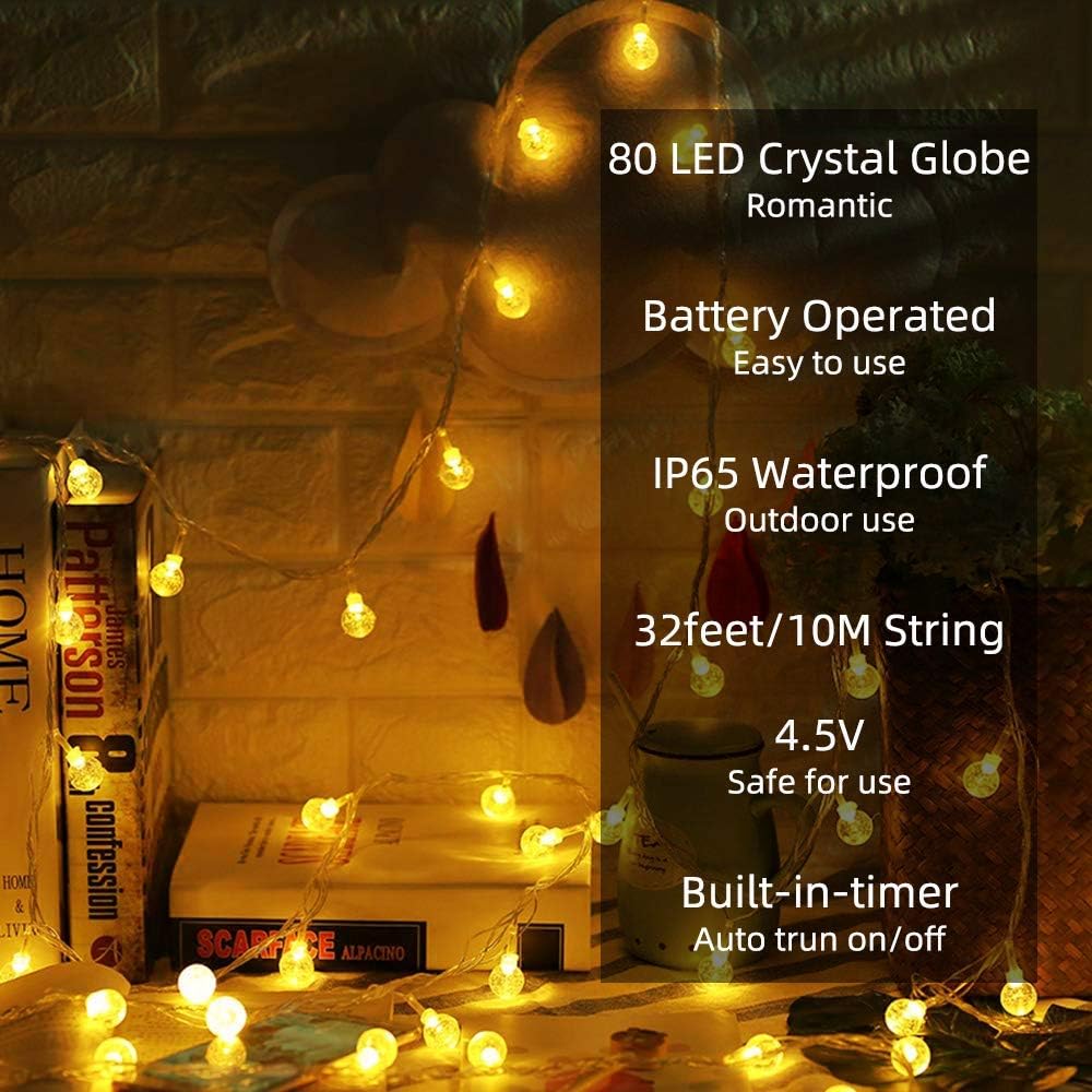 Metaku Globe Fairy Lights - 33ft Battery Operated 80LED String Lights | Waterproof for Indoor & Outdoor Decor