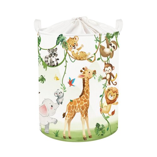 HUUMONSS Giraffes Baby Laundry Hamper with Handle Collapsible Clothes Kids Storage Basket Elephants Boys Girls Gift Toy Box Bin for Nursery Room, White, 63L