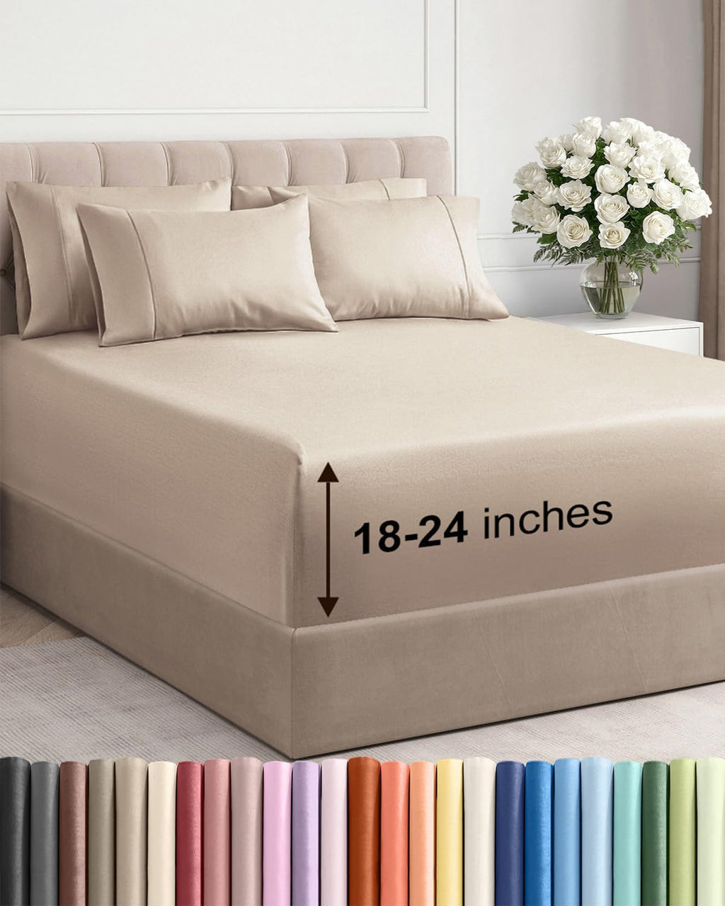 Skiennix Extra Deep Full Sheet Set - 6 Piece Breathable Cooling Sheets - Hotel Luxury Bedding - Soft, Wrinkle-Free, Easy Fit - Wheat Color