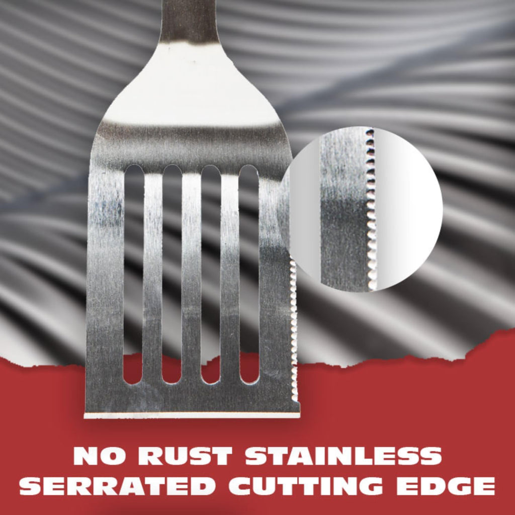 BBQ-AID Pro BBQ Metal Spatula - 17" Stainless Steel with Serrated Edge & Acacia Wood Handle
