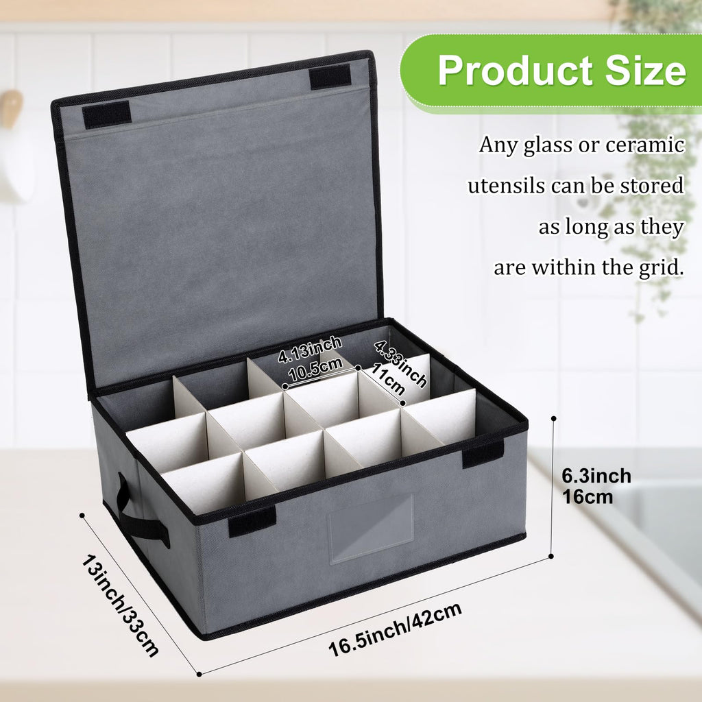 Suzile 4 Pack Cup and Mug Storage Box with Dividers Wine Glass Storage Box with Dividers, Lid and Handle, Holds 48 Coffee Mugs and Tea Cups for Glassware Protection Moving