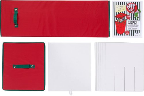 Elf Stor Wrapping Paper Storage Box - Holds 20 Rolls of 30” Gift Wrap - Upright Container with Lid & Dividers - Red