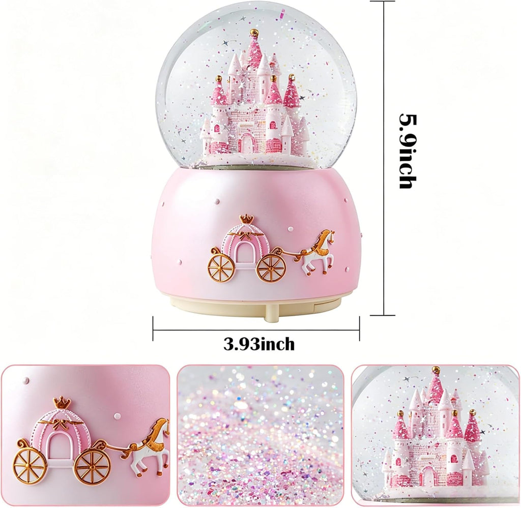 Skiennix Music Box - Crystal Carousel Rotating Unicorn Snow Globe with Colorful LED Light | Castle Pink