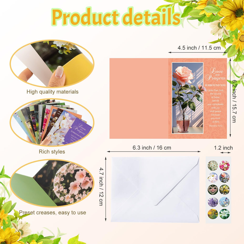 Motiskyy 24 Pack Christian Get Well Cards with Envelopes and Stickers Religious Get Well Greeting Cards Bulk with Scripture Encouragement Blessing 4.5 x 6.2 Inch (Nature Flower)