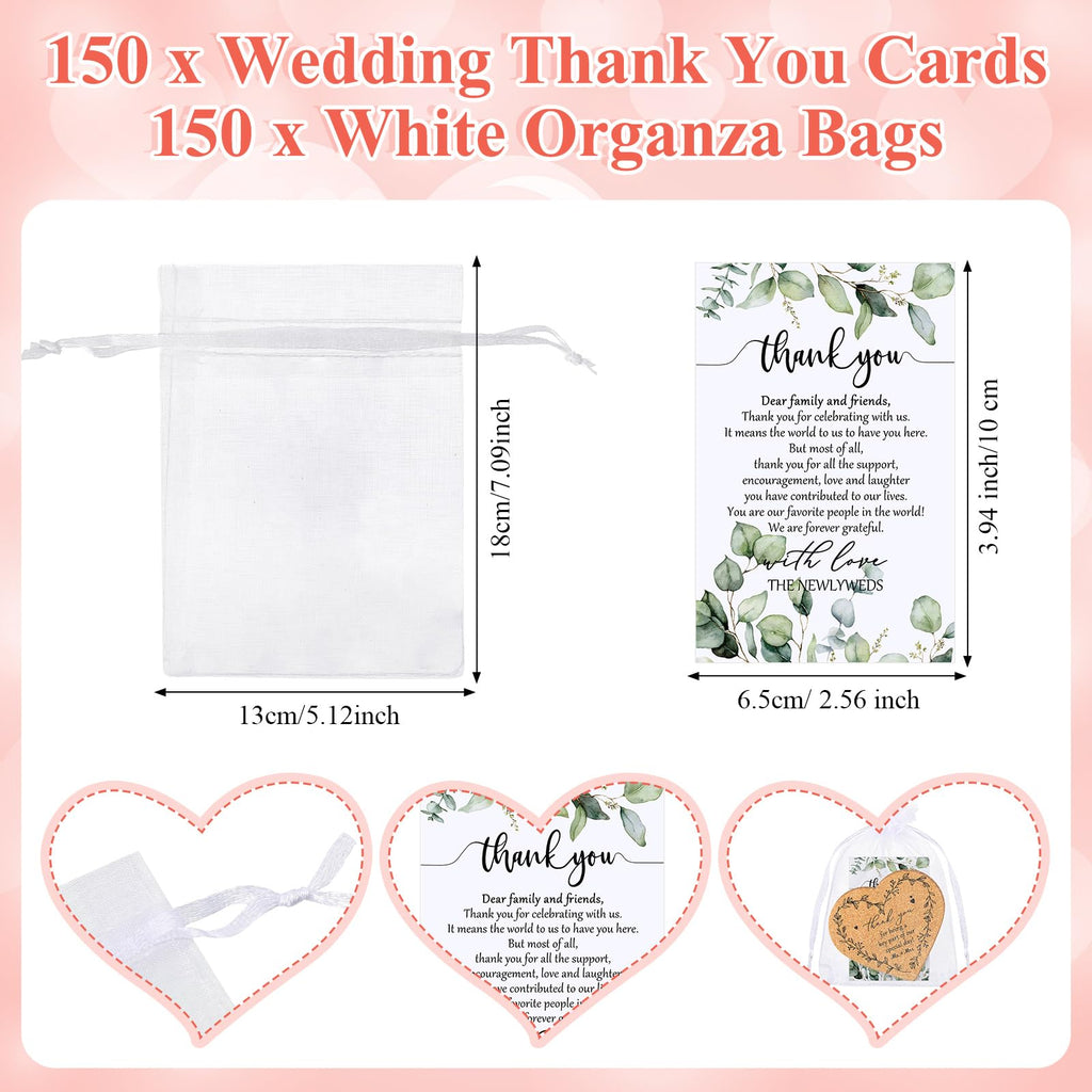 150 Sets Rustic Wedding Favor Coasters, Heart Cork Coasters for Guests, Mr & Mrs Coaster Favors with Thank You Cards & Organza Bags, Bridal Shower Party