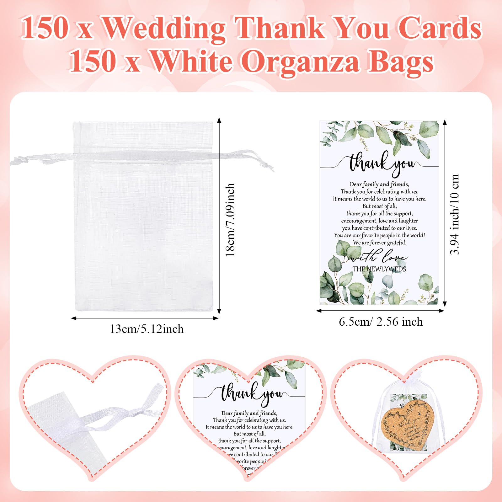 150 Sets Rustic Wedding Favor Coasters, Heart Cork Coasters for Guests, Mr & Mrs Coaster Favors with Thank You Cards & Organza Bags, Bridal Shower Party
