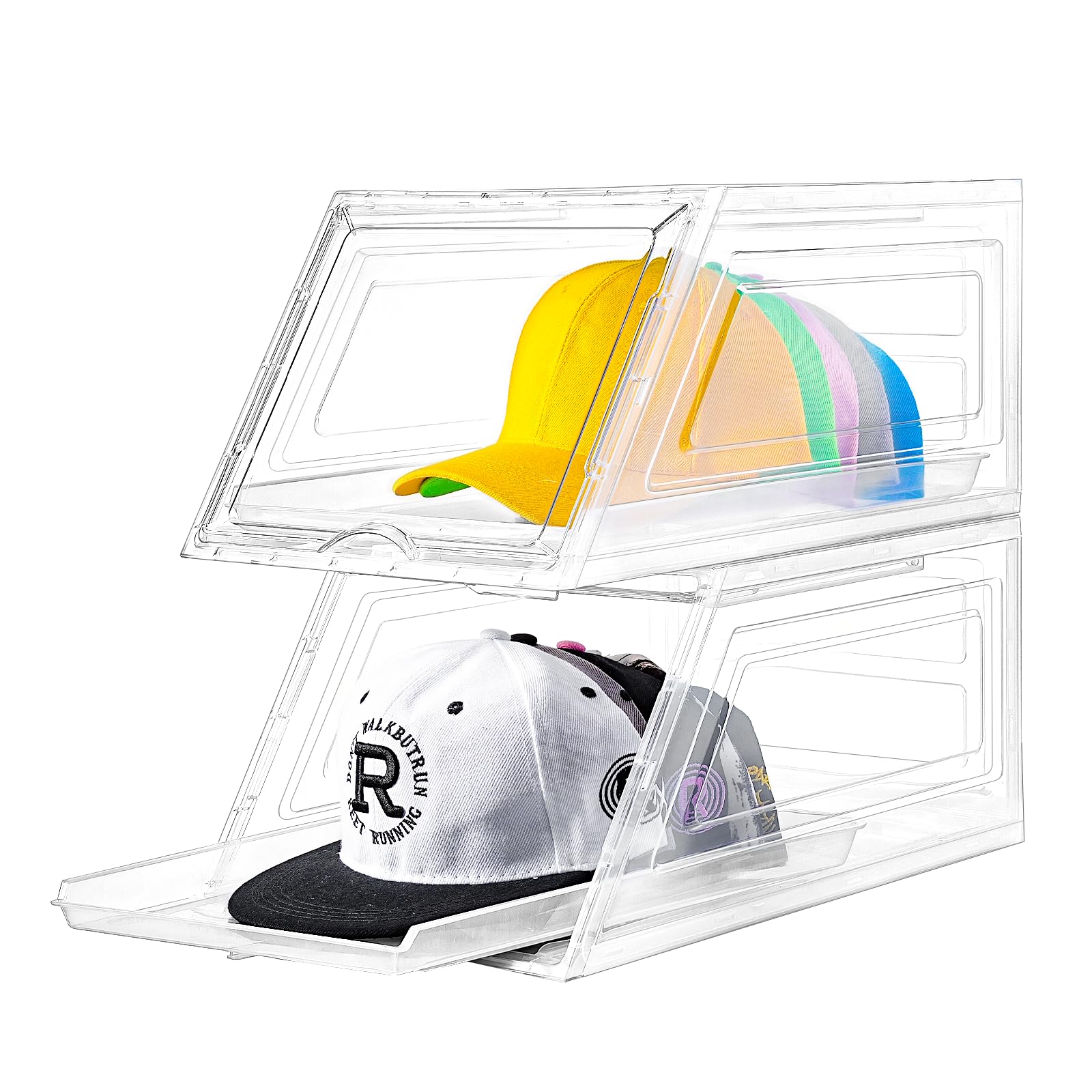 2 Pack Hat Organizer for Baseball Caps,Large Clear Cap Organizer with Drawer,Hats Holder Box for Closet with Sliding Tray,Stackable Hat Rack Display Case,Multi-use Hat Case for Caps,Each Holds 12 Hats