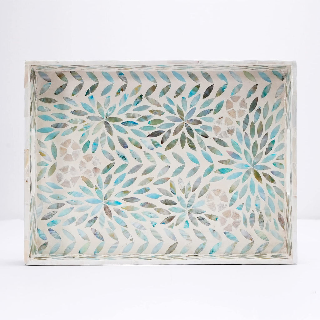 Serving Trays Handmade Trays for Serving Mother of Pearl Inlay Decorative Tray Room Decor, Coffee Table Tray Set of 2 Trays Decor for Ottoman Length 16'' and 14''