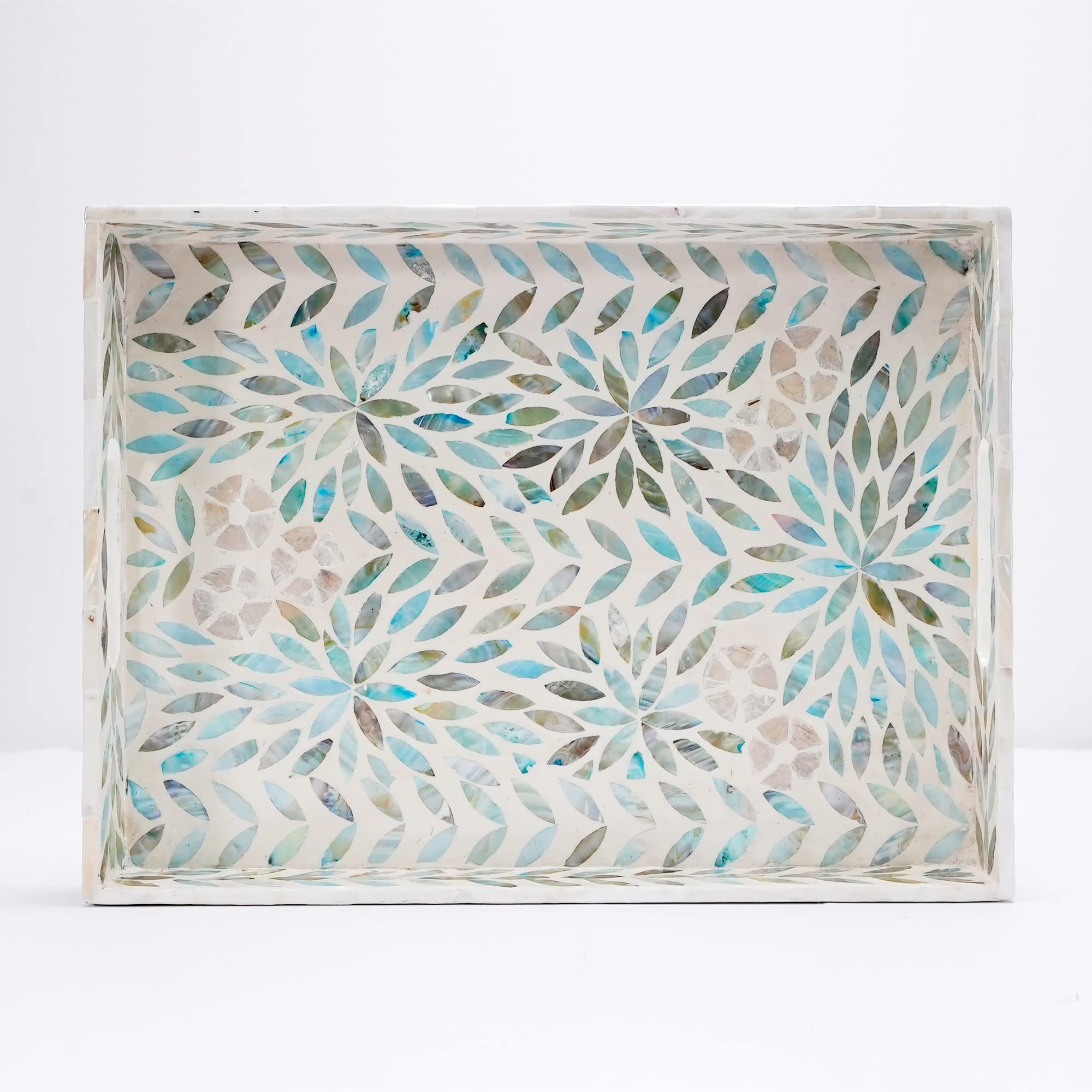 Serving Trays Handmade Trays for Serving Mother of Pearl Inlay Decorative Tray Room Decor, Coffee Table Tray Set of 2 Trays Decor for Ottoman Length 16'' and 14''