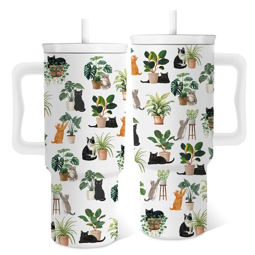 Plant Gifts for Women Girls, Gardener Plants Tumbler with Handle 24 oz, Insulated Stainless Steel Crazy Black Cats Coffee Mug Cup, Gardening Gifts for Plant Lovers Women