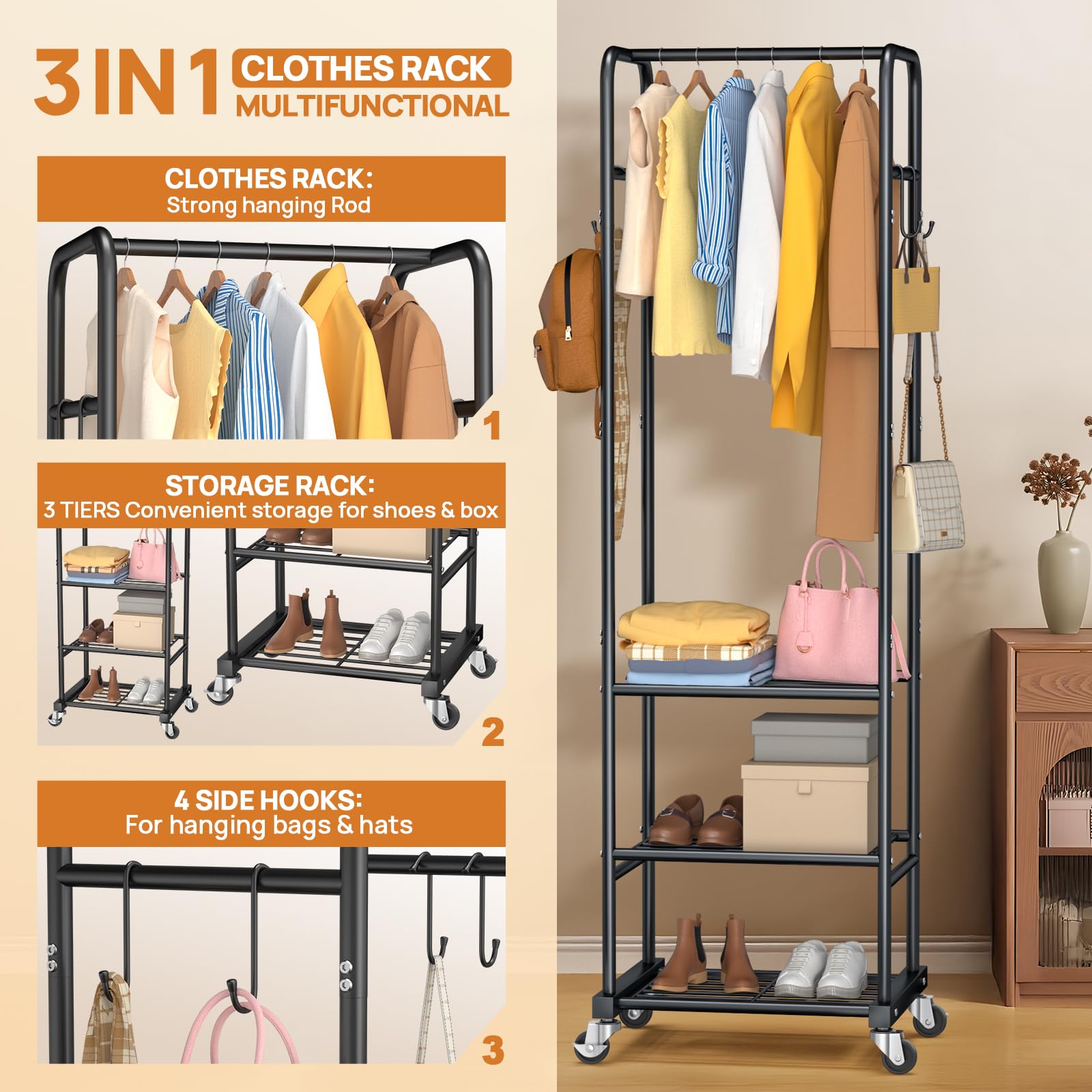 ZHKINGGS Clothes Rack with Wheels, Freestanding Garment Rack with 3 Metal Shelves for Hanging Clothes, Portable Hanging Rod for Small Room, Bedroom, Bathroom (Black)