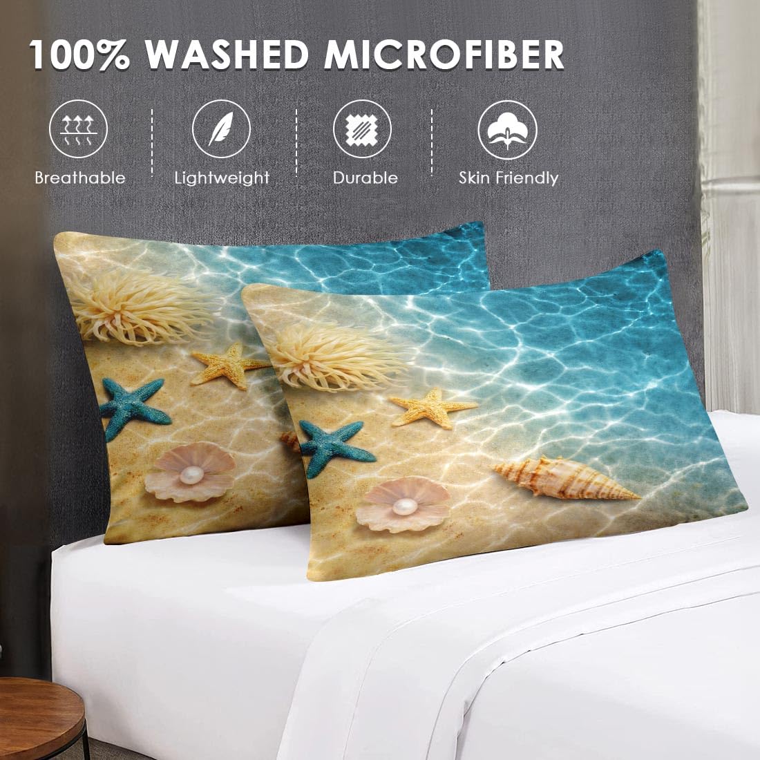 WeCozy 7 Pcs Queen Size Comforter Set with 2 Pillowcases & 2 Shams, Summer Beach Seashell Bedding for Kids and Adults, Blue Ocean Sea Shell Bed in a Bag with Flat Fitted Sheet