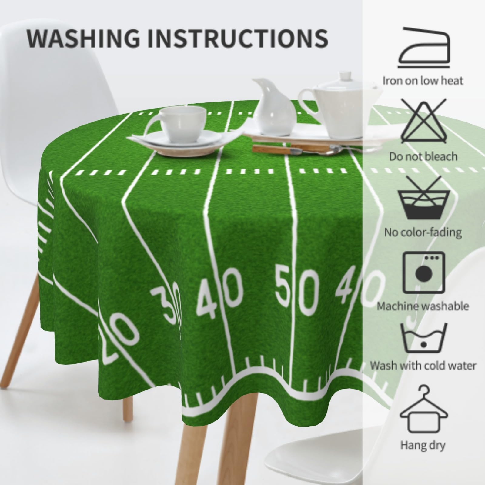 Vrysenium Football Tablecloth Round 60 Inch Green Football Field Table Cloth Circle Sport Themed Table Cover Waterproof Wipeable Polyester Tabletop for Birthday Games Day Party Decorations