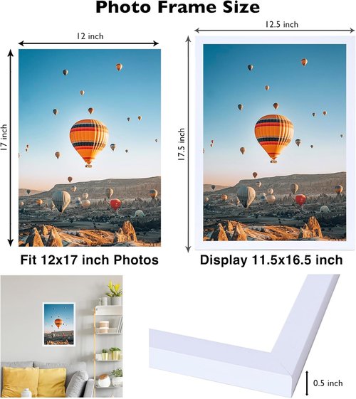 JCJMY 12x17 Picture Frame - White Wall Hanging Frame with Durable Plexiglass | Horizontal & Vertical Display
