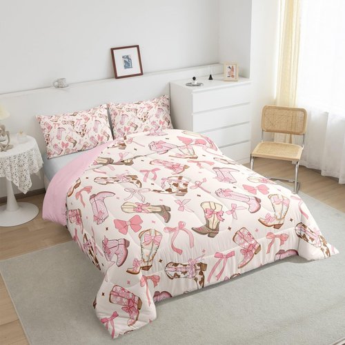 Feelyou Pink Bow Comforter Set Twin Size Kids Cute Bowknot Comforter for Boys Teens Girls Bow Bedding Set Breathable Western Boots Duvet Set Room Decor Bow Quilt Set