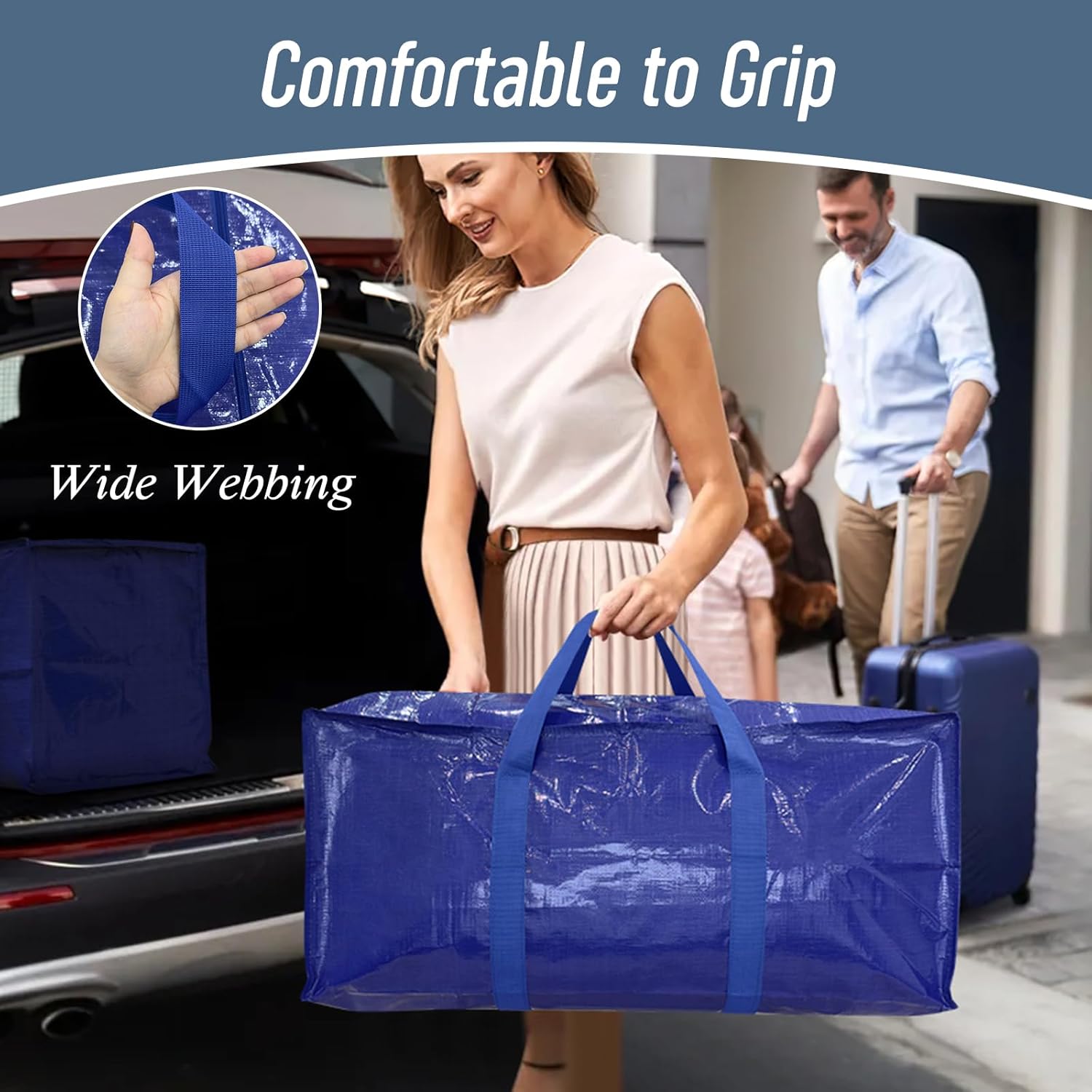 Skiennix Extra Heavy Duty Moving Bags - Large Sturdy Storage Totes with Strong Zipper & Comfortable Handles | 6 Pack, Blue
