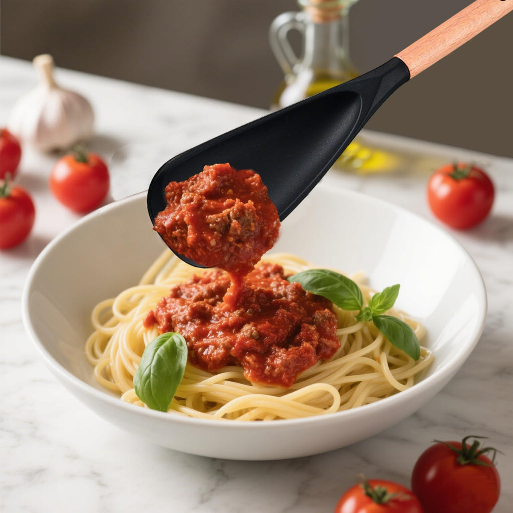 Cooking Spoon for Nonstick Cookware - BPA-Free Matte Silicone & Wooden Handle, Heat-Resistant for Mixing, Scooping, Scraping and Serving, Safe for Pots Pans Skillets (2-Pack)