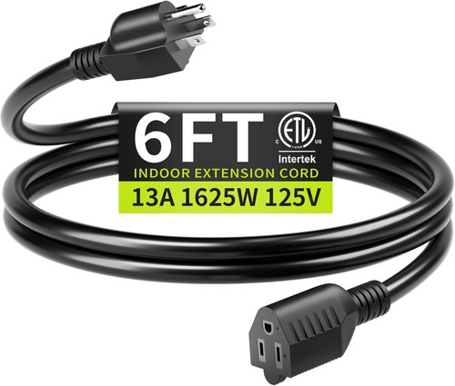 16/3 Black Extension Cord - 6 FT Indoor Short Cable for Laptops & Home Appliances | 3 Prong, ETL Listed