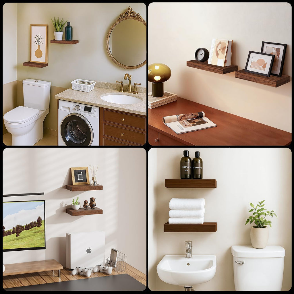 Modern Wooden Floating Shelves by [Brand Name] - Stylish Wall-Mounted Storage | Set of 2, 12x7x1.5 in (Walnut-Like)