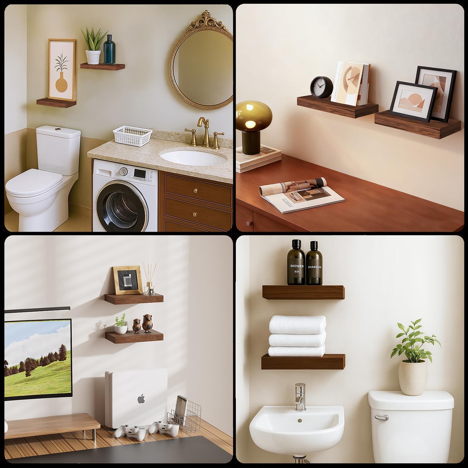 Modern Wooden Floating Shelves by [Brand Name] - Stylish Wall-Mounted Storage | Set of 2, 12x7x1.5 in (Walnut-Like)
