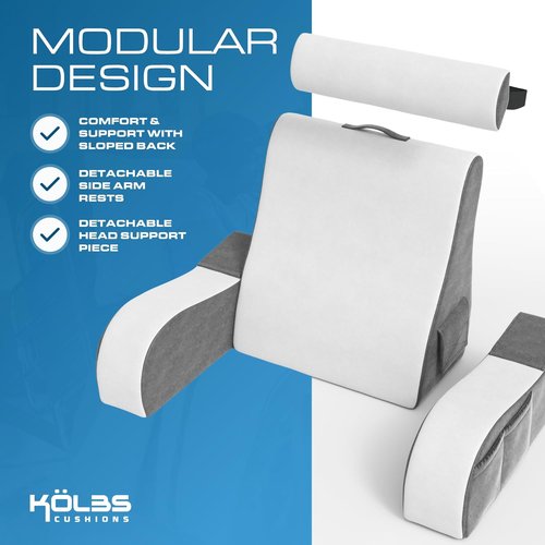 Kolbs Wedge Reading Pillow - Plush Backrest Cushion with Arms for Comfort | 19" Gray/White