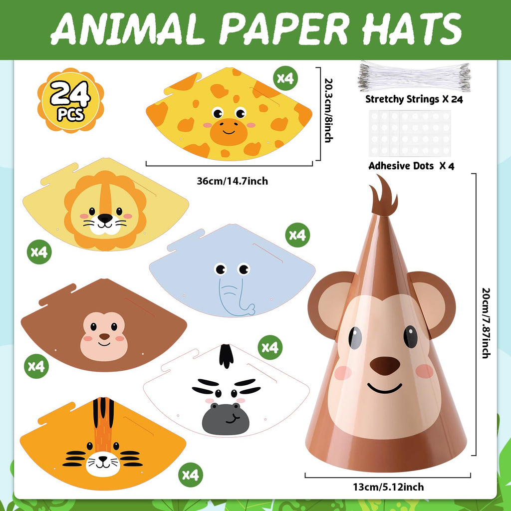 ojustbeok 24PCS Jungle Animal Party Hats Jungle Safari Birthday Cone Hat Safari Headwear Zoo Birthday Party Supplies for DlY Animal Theme Paper Hat Headbands Baby Shower Cartoon Decorations Favors