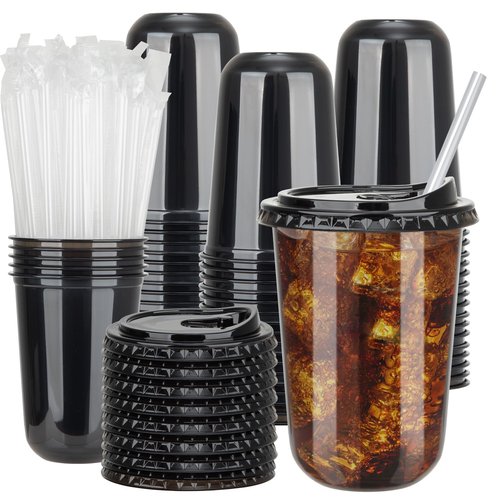 MOQRUAO 100 Sets Clear Plastic Cups with Lids and Straws, 20 oz Disposable PET Cups for Iced Coffee, Smoothies, Cold Drinks, Juice, Party, Coffee (100, Black (20 oz))