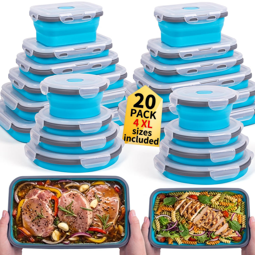 Collapsible Food Storage Containers with Lids 20 Pack(81oz/58oz Extra Large Included), 12 Rectangular+8 Round, Annaklin Silicone Collapsible Food Containers Sets Microwave Freezer Dishwasher Safe Blue