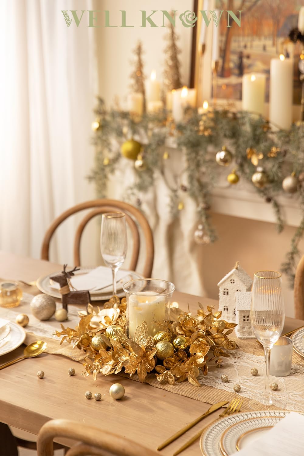 Skiennix Artificial Flower Candle Ring - 12" Gold Orchid & Eucalyptus Wreath for Home Decor | Perfect for Weddings & Centerpieces