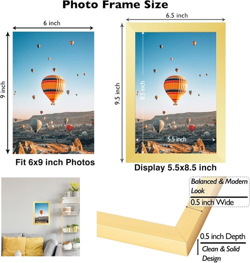 JCJMY Gold 6x9 Picture Frame - Versatile Wall Mounting & Tabletop Display for Photos