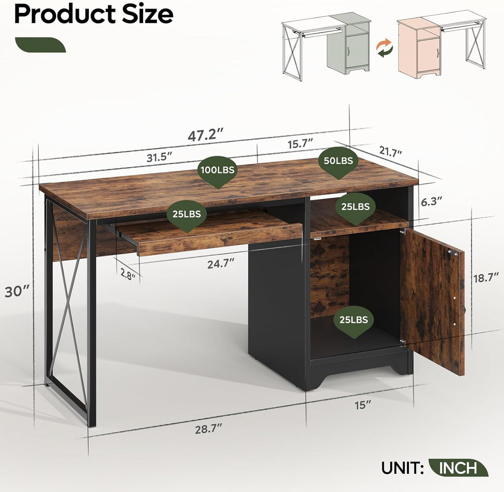 Bestier Office Desk - 47 Inch Industrial Computer Desk with Keyboard Tray & File Cabinet | Rustic Brown
