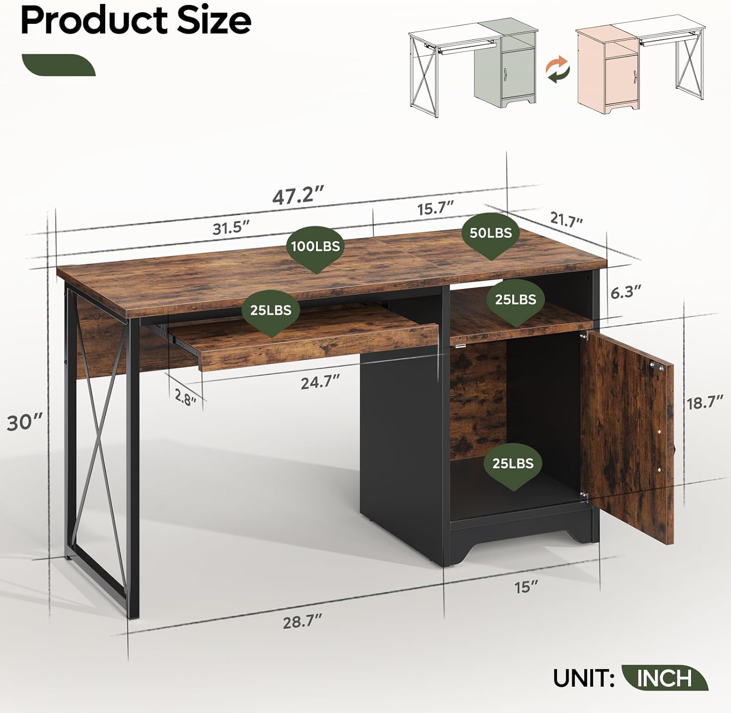 Bestier Office Desk - 47 Inch Industrial Computer Desk with Keyboard Tray & File Cabinet | Rustic Brown