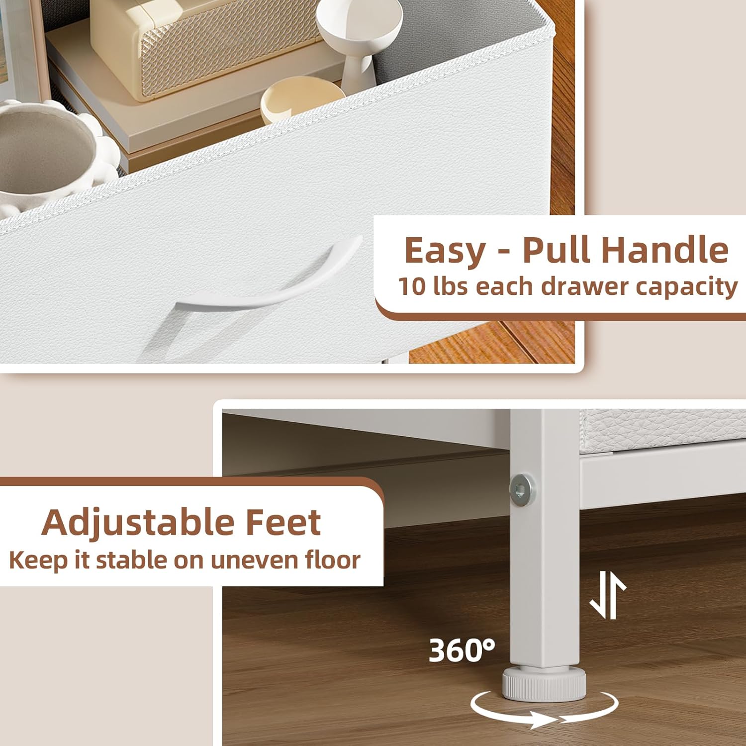 Somdot Tall Dresser - 5 Drawer Storage Organizer with Removable Fabric Bins | White Leather Finish
