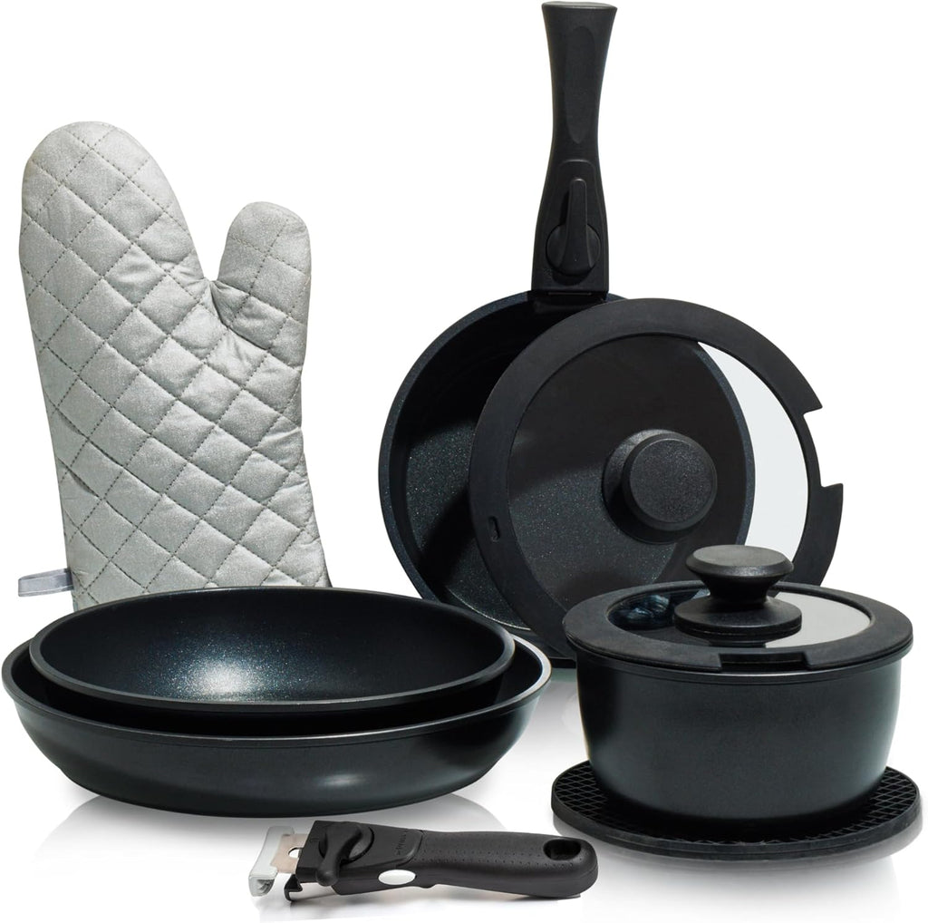 Moss & Stone Nonstick Cookware Set - 10-Piece Space-Saving Pots and Pans with Removable Handles | RV & Induction Ready