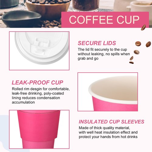 Patelai 48 Pcs 12 oz Disposable Coffee Cups with Lids and Sleeves Bulk, Insulated Hot Chocolate Paper Cup for Hot and Cold Beverage Water Juice Cocoa Tea Party Restaurants Travel Supplies (Dark Pink)