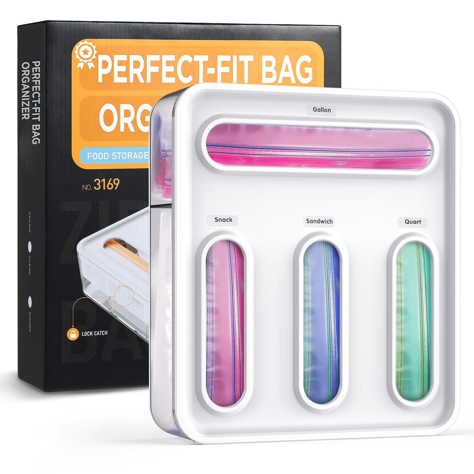 OUTXE Bag Organizer for Drawer + Fridge, Magnetic Kitchen Baggie Storage | Pantry Organization for Ziplock Plastic Food Bags | Compatible with Snack Sandwich Quart Gallon (White)