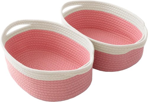 JMvicyroam Woven Basket - Small Rope Storage Bin with Handles & Ribbon Bag | White & Pink, 2-Pack for Organizing Shelves and Closets
