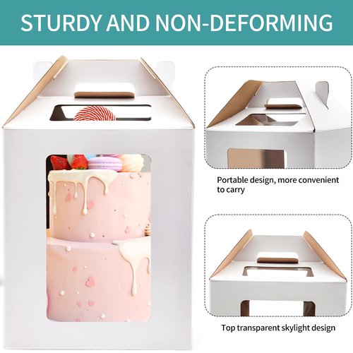 KBG Tall Cake Boxes 6pcs 14x14x16 and 16x16x18 Inches White With Window for Tier Cakes, Wedding, Birthday Transport - Large With Handle, Disposable Containers